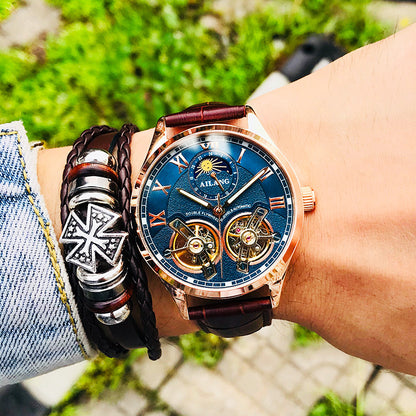 AIlang Automatic Watch | Dual Moon Phase & Calendar Men's Watch | Rose Gold/Steel Chronograph Business Watch | AL-8822