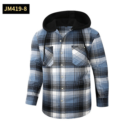 Chic Color Block Men's Plaid Pattern Hooded Long Sleeve Shirt Jacket With Drawstring And Pocket Spring Fall Outwear