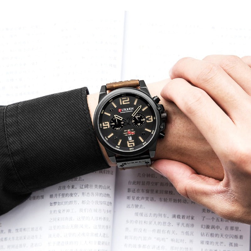 Herren Lederuhr Chronograph Armbanduhr Business Quarz Kalender Militäruhr | 8314 