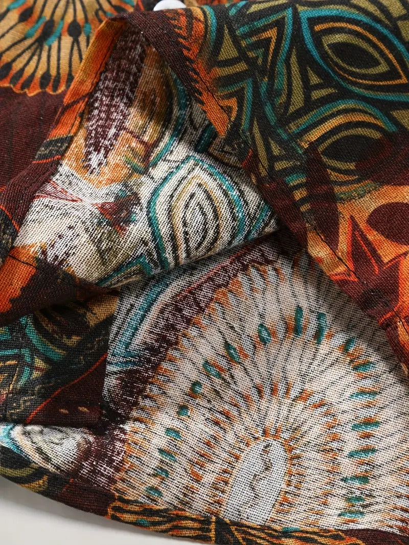 Herren-Hemd mit kurzen Ärmeln und Knopfleiste, Reverskragen, geometrischer Druck, lockere Passform, atmungsaktives, schnell trocknendes Baumwollmischhemd 