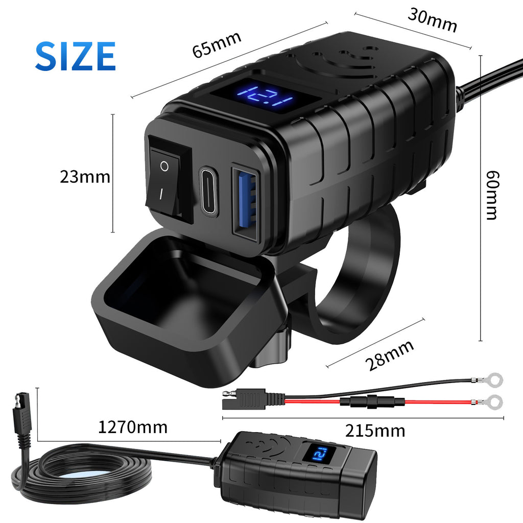 Motorcycle USB Charger with QC3.0 & PD3.0 Fast Charging | Digital Voltmeter & On/Off Switch for 12V-24V Vehicles | m12545