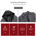 Winddichte, lange Softshell-Trenchcoats mit Kapuze für Herren, Seitentaschen, zweireihiger, warmer Mantel | 1909-3 