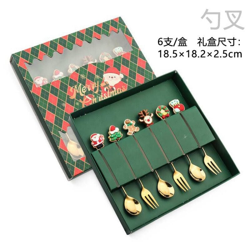 6Pcs Christmas Gifts Style Stainless Steel Doll Dessert Spoon Fork Gift Box Cutlery Set |