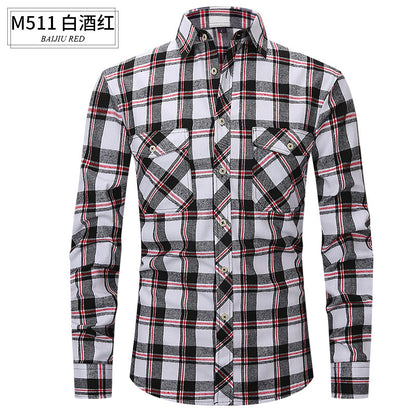 Men Slim Wear Plaid Premium Long Sleeve Double Pocket Flannel Foreign Trade Shirt | M501