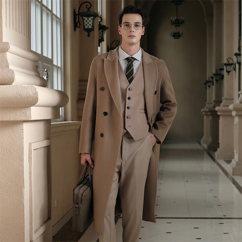 Gents Trench coat Premium Wool-Cotton Blend Peacoat Double-Breasted Mid-Length Overcoat Casual Oversized Lapel Coat