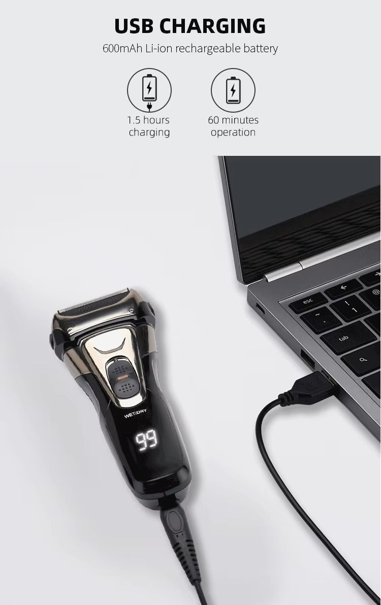 Dreifachklingen-Elektrorasierer für Herren, LCD-Display, IPX6, wasserdicht, wiederaufladbarer USB-Trimmer | RSM-1577 