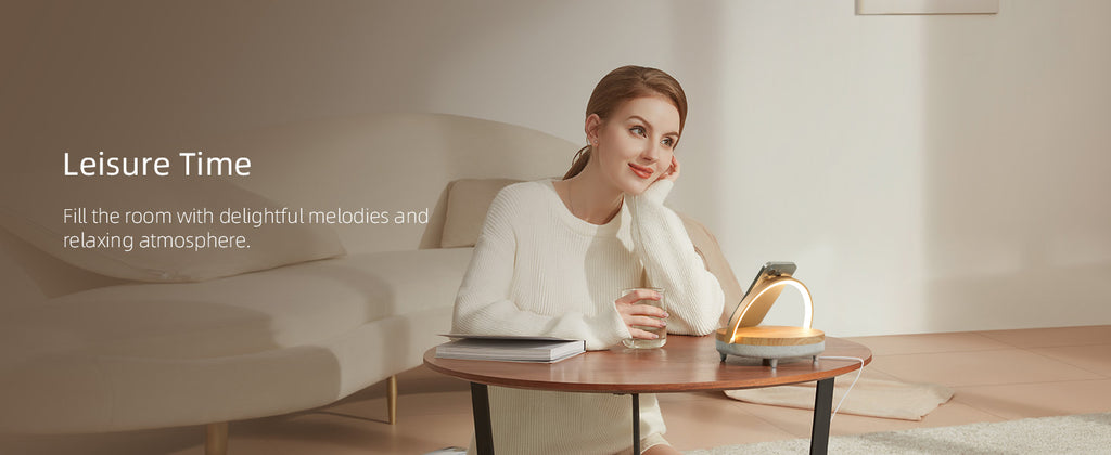 4-in-1-Nachttischlampe mit kabellosem Ladegerät, dimmbarem LED-Bluetooth-Lautsprecher, Telefonhalter und Nachtlicht als Geschenk | Ezvalo 
