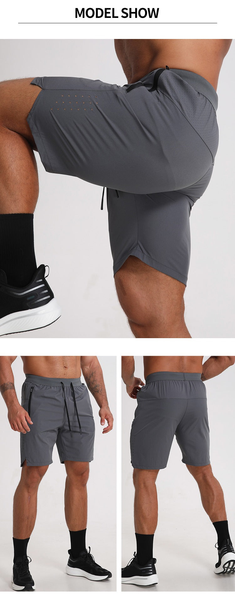 Men Running Shorts Zipper Pockets Side Split Workout Breathable Gym Shorts | K04