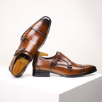 Men's Double Monk Strap Dress Shoes | Genuine Leather Business Oxfords with Height Boost | Square Toe Formal Footwear | HK5009-2