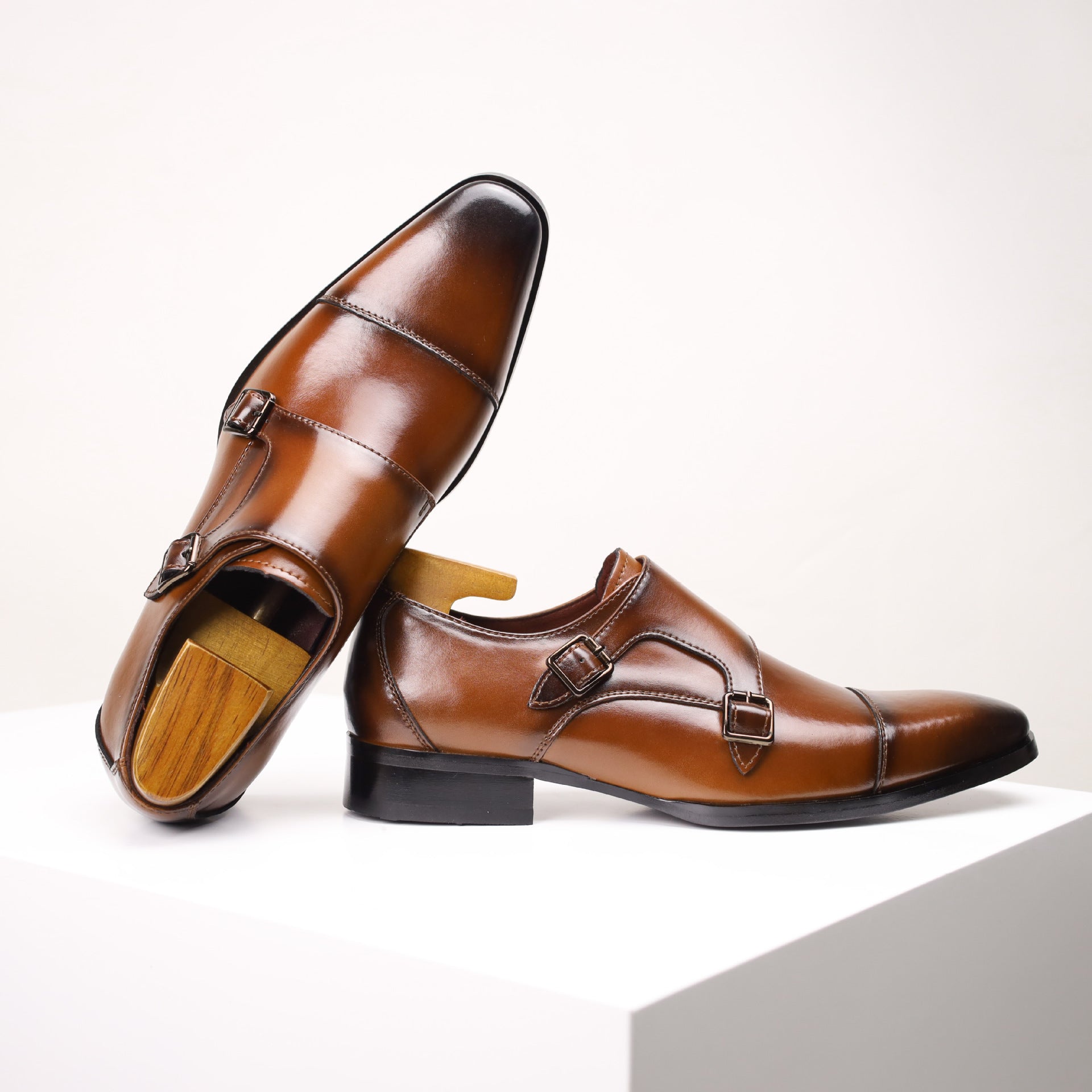 Men's Double Monk Strap Dress Shoes | Genuine Leather Business Oxfords with Height Boost | Square Toe Formal Footwear | HK5009-2