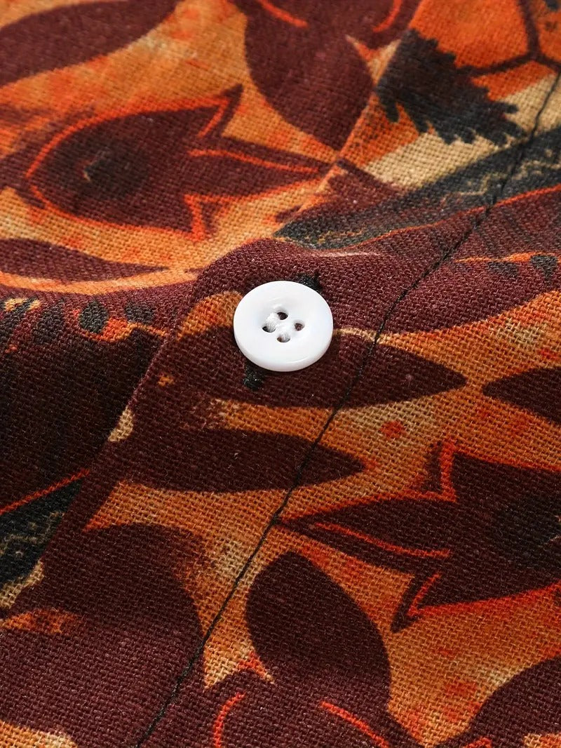 Herren-Hemd mit kurzen Ärmeln und Knopfleiste, Reverskragen, geometrischer Druck, lockere Passform, atmungsaktives, schnell trocknendes Baumwollmischhemd 