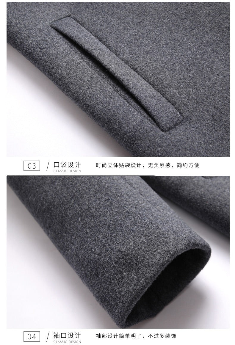 Herren Wolljacke mit abnehmbarer Kapuze, winddicht, mittellanger Mantel, lässiger, dicker Trenchcoat | 1909-3 