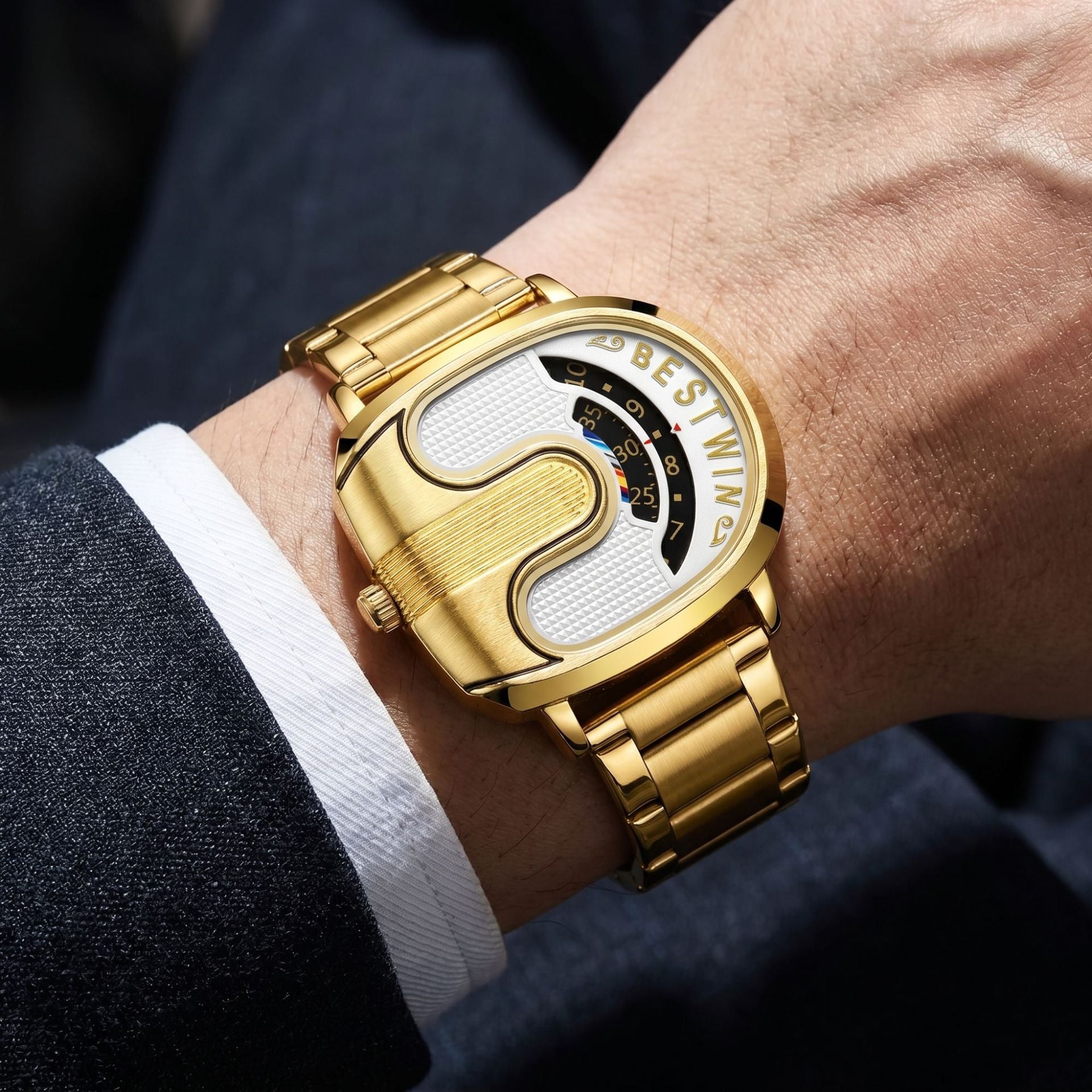 BESTWIN Men‘s Gold U-Shape Digital Chronograph Watch | Fashion Oval Dress Timepiece with Stainless Steel Bracelet | 988