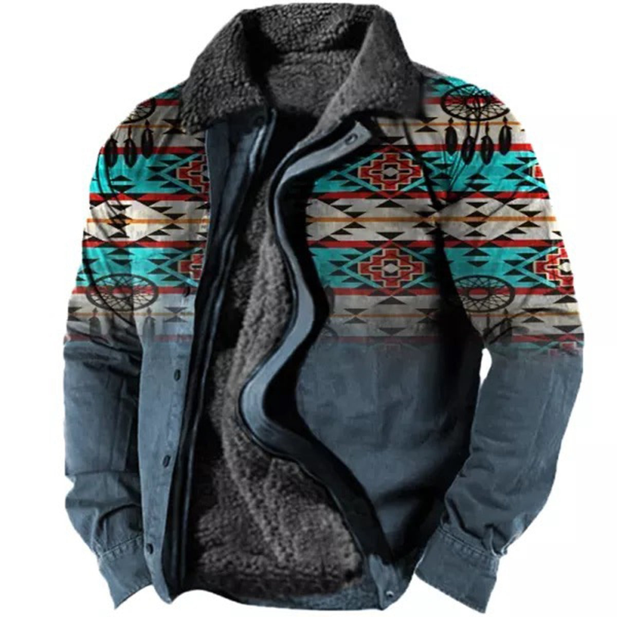 Men's Plus Size Fleece Sherpa Vintage Jacket Aztec Style Zip & Button Up Thick Winter Tactical Lapel Collar Cargo Coat