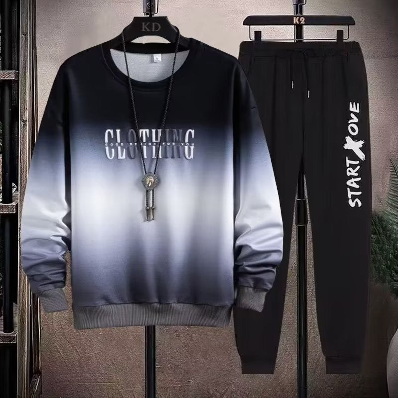 2-teiliges Sweat-Set für Herren, Hose, lässiger Pullover, T-Shirt, Oberbekleidung, locker, All-Match, Farbverlauf, langärmelig, Studentenoberteile | W93 