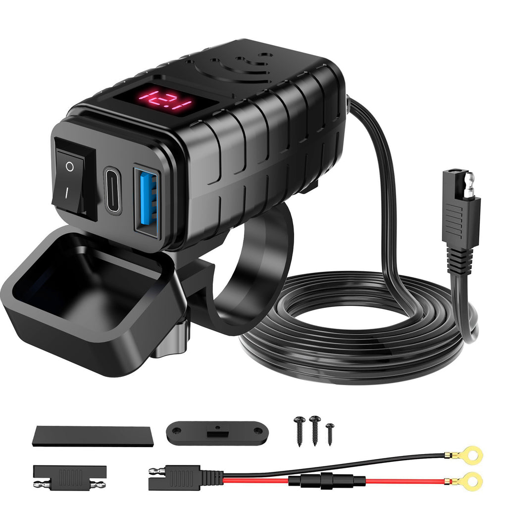 Motorcycle USB Charger with QC3.0 & PD3.0 Fast Charging | Digital Voltmeter & On/Off Switch for 12V-24V Vehicles | m12545