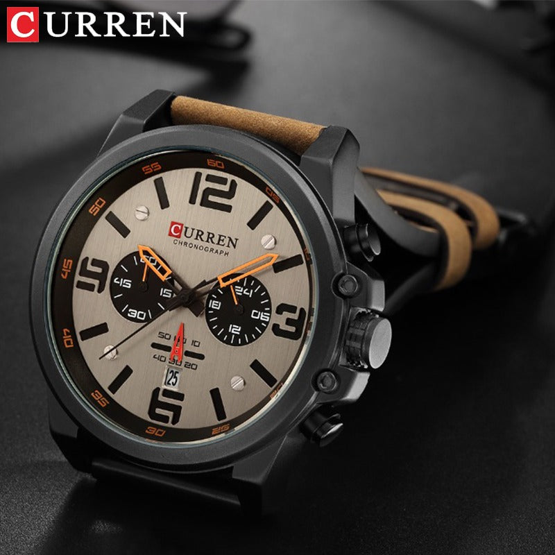 Herren Lederuhr Chronograph Armbanduhr Business Quarz Kalender Militäruhr | 8314 