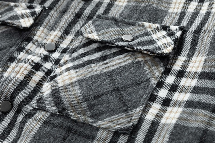 Hochwertige Winterjacke für Herren, karierte Wolle, schweres Übergrößenhemd, karierter Kapuzenmantel, Oversize-Oberteil | 88027 