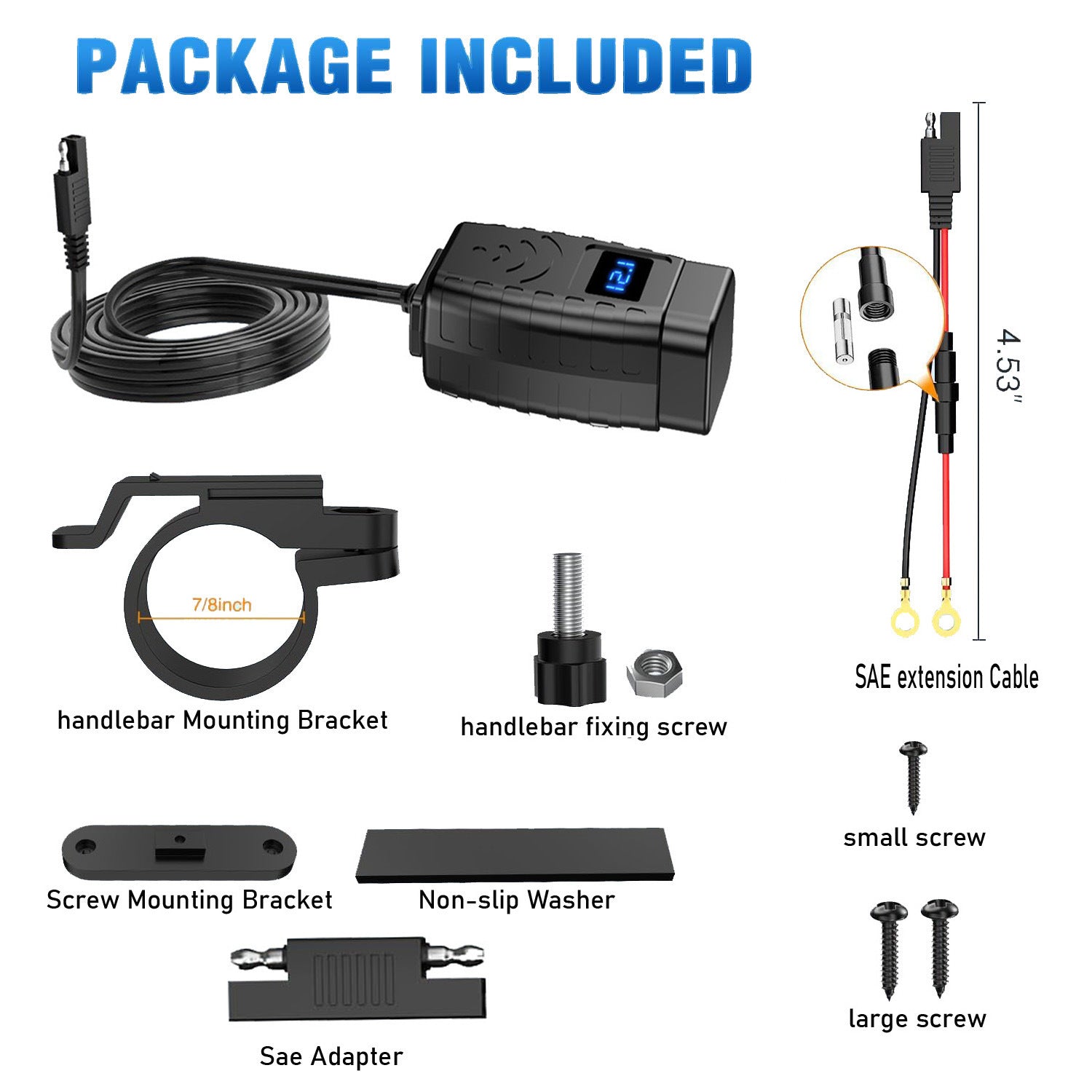 Motorcycle USB Charger with QC3.0 & PD3.0 Fast Charging | Digital Voltmeter & On/Off Switch for 12V-24V Vehicles | m12545