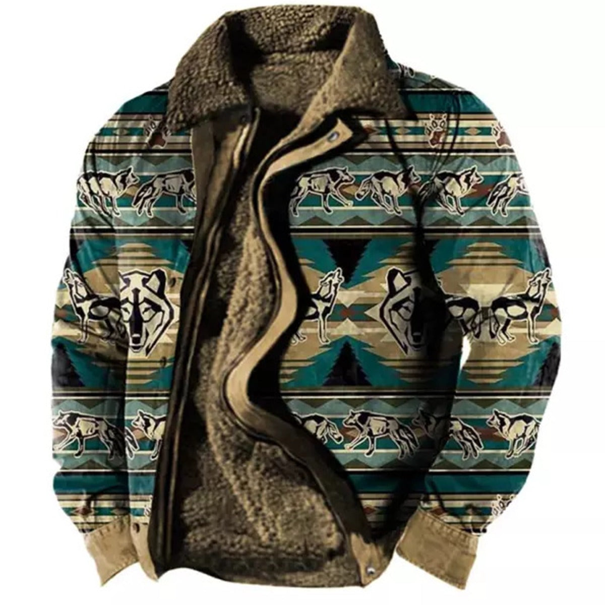 Men's Plus Size Fleece Sherpa Vintage Jacket Aztec Style Zip & Button Up Thick Winter Tactical Lapel Collar Cargo Coat