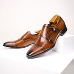 Men's Double Monk Strap Dress Shoes | Genuine Leather Business Oxfords with Height Boost | Square Toe Formal Footwear | HK5009-2