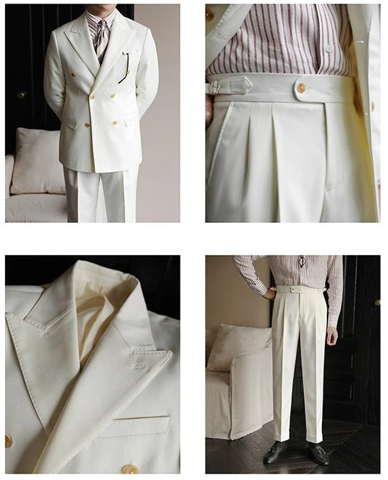 Hochwertiger zweiteiliger Slim Fit Zweireiher Anzug Einfarbig Steigendes Revers Doppelschlitze für Herren | S01 