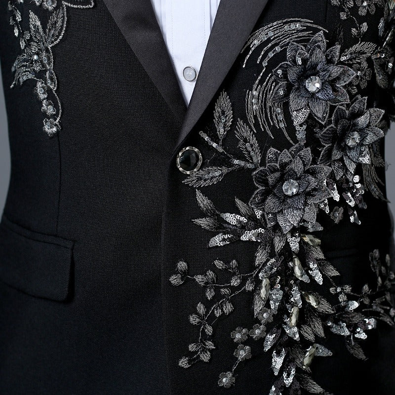 Herrenanzug, 2-teilig, formell, bestickt, elegant, mit blinkenden Pailletten, Kristallen, Blazer, Mantel, Abschlussball, Party, Smoking, Kostüm, Hochzeitsoutfit 