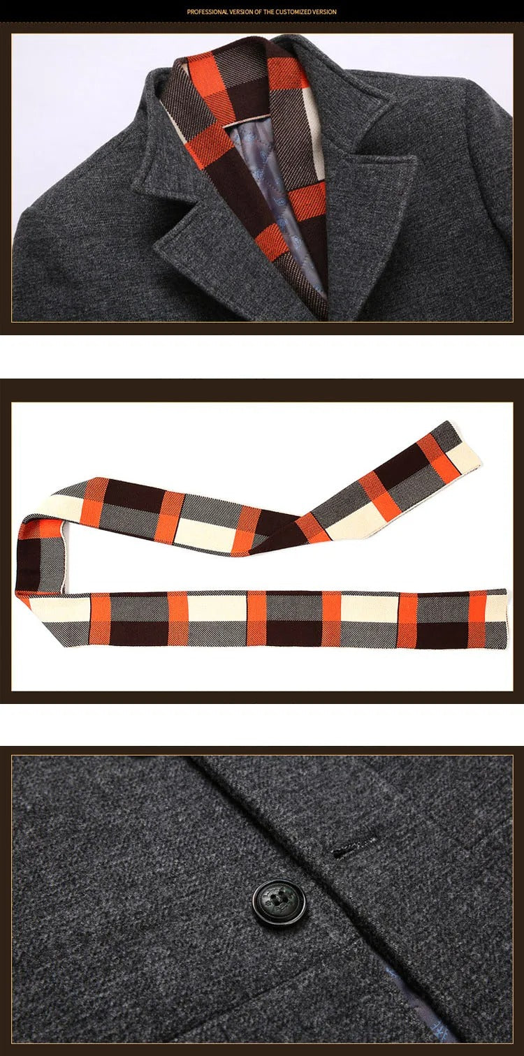 Herren Business Wolljacke Umlegekragen Slim Fit Warm Mittellanger Trenchcoat 