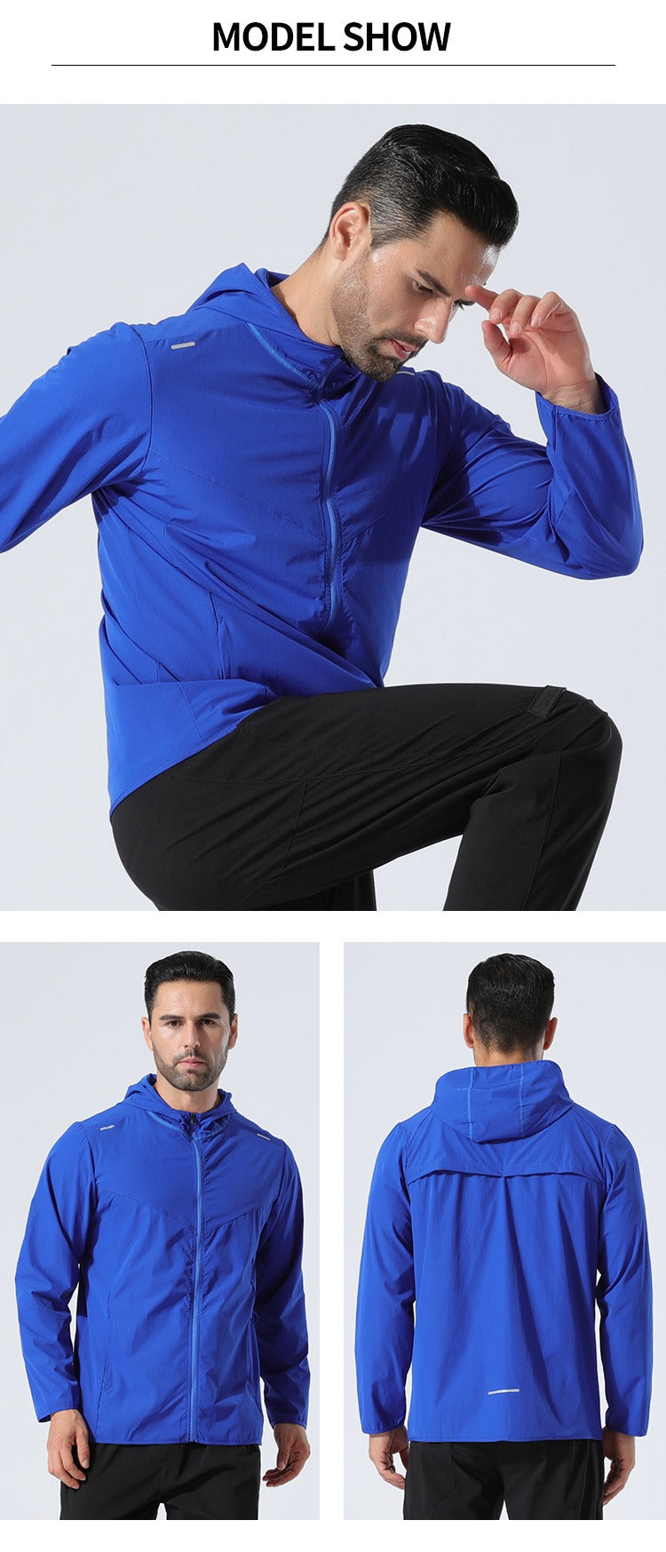 Veste de sport à capuche pour homme, imperméable, de qualité supérieure, avec bandes réfléchissantes, pour course à pied, extérieur, gym, entraînement 