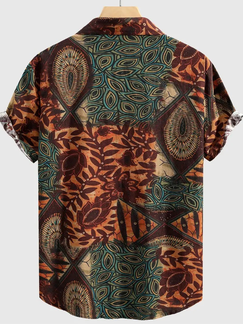 Herren-Hemd mit kurzen Ärmeln und Knopfleiste, Reverskragen, geometrischer Druck, lockere Passform, atmungsaktives, schnell trocknendes Baumwollmischhemd 