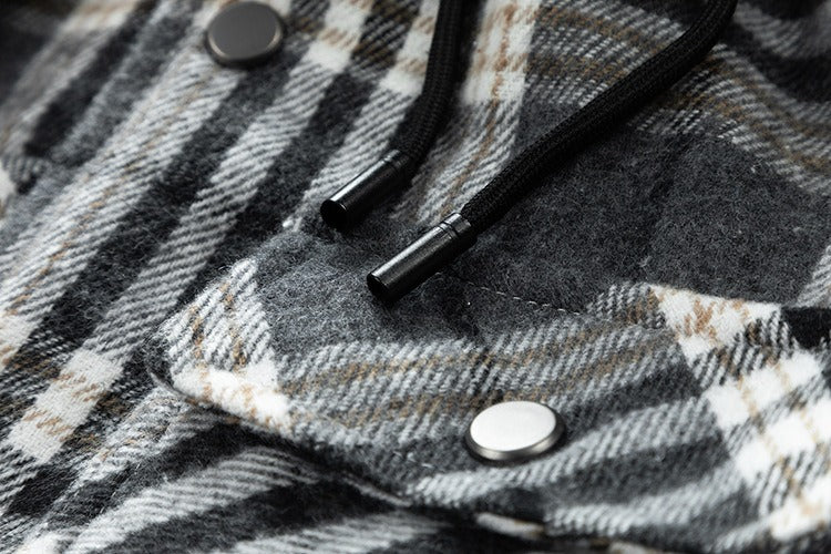 Hochwertige Winterjacke für Herren, karierte Wolle, schweres Übergrößenhemd, karierter Kapuzenmantel, Oversize-Oberteil | 88027 
