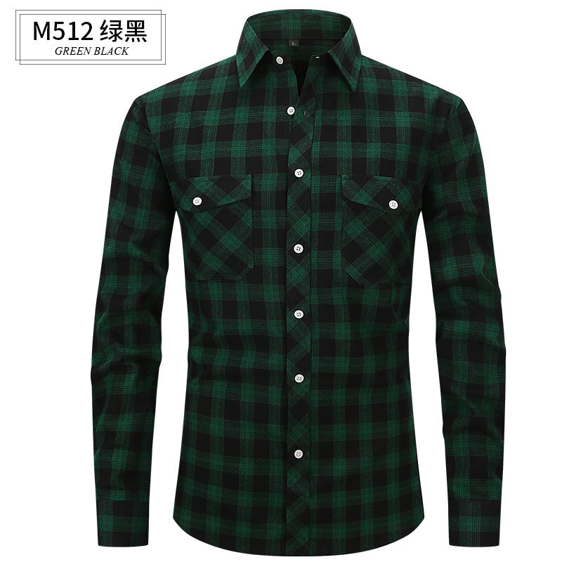 Men Slim Wear Plaid Premium Long Sleeve Double Pocket Flannel Foreign Trade Shirt | M501