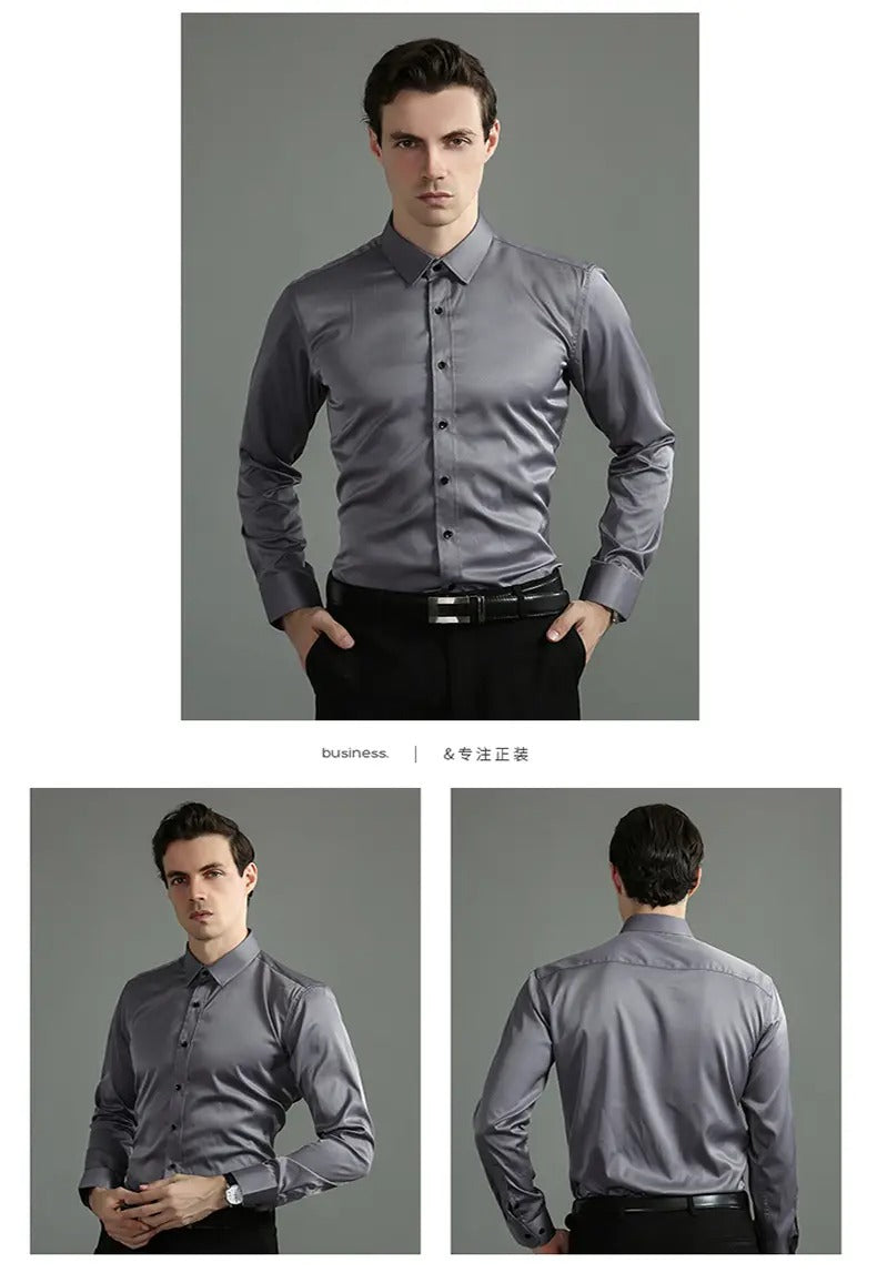 Camicia da uomo elasticizzata casual da lavoro a maniche lunghe, tinta unita, slim, non stirabile, elasticizzata 