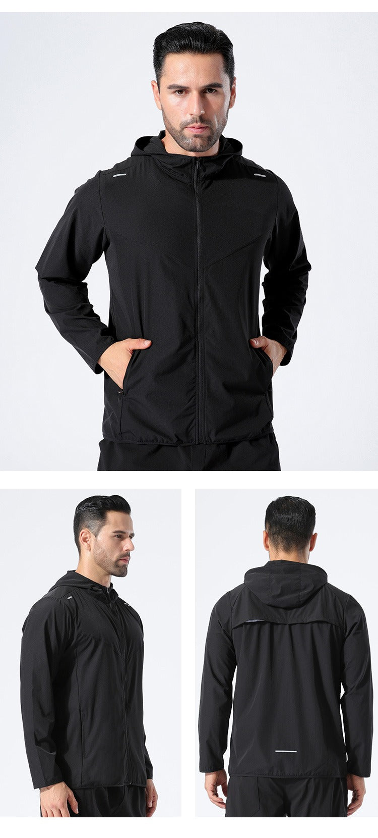 Veste de sport à capuche pour homme, imperméable, de qualité supérieure, avec bandes réfléchissantes, pour course à pied, extérieur, gym, entraînement 