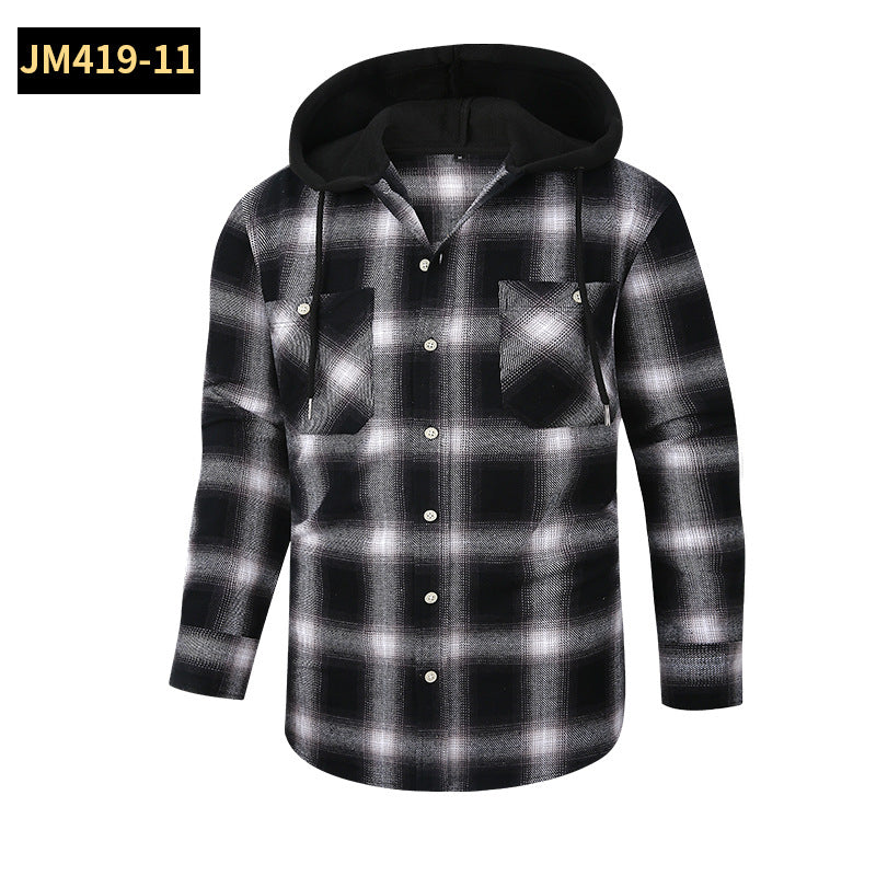 Chic Color Block Men's Plaid Pattern Hooded Long Sleeve Shirt Jacket With Drawstring And Pocket Spring Fall Outwear