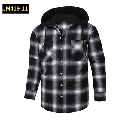 Chic Color Block Men's Plaid Pattern Hooded Long Sleeve Shirt Jacket With Drawstring And Pocket Spring Fall Outwear