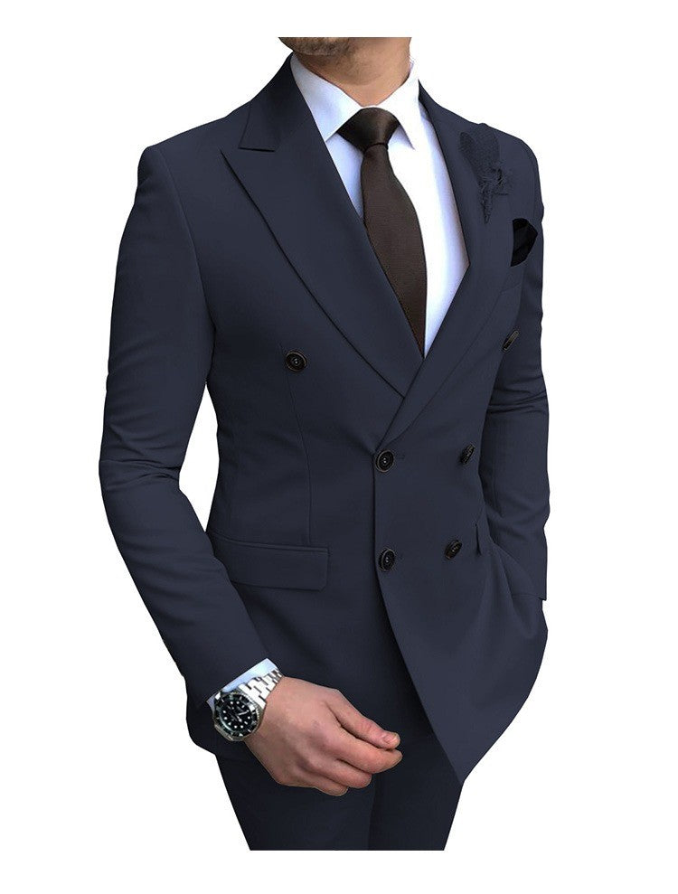 2-teiliger Herrenanzug, zweireihig, Revers, flach, Smart Fit, leger, Smoking, Hochzeits- und Eventanzüge (Blazer + Hose) | 9/7 