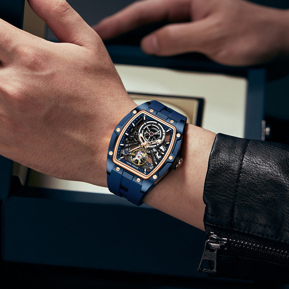 MINIFOCUS MF0603G Skeleton Automatic Watch for Men | Stainless Steel Barrel Case | Mechanical Wristwatch with Luminous Hands | MF0603G