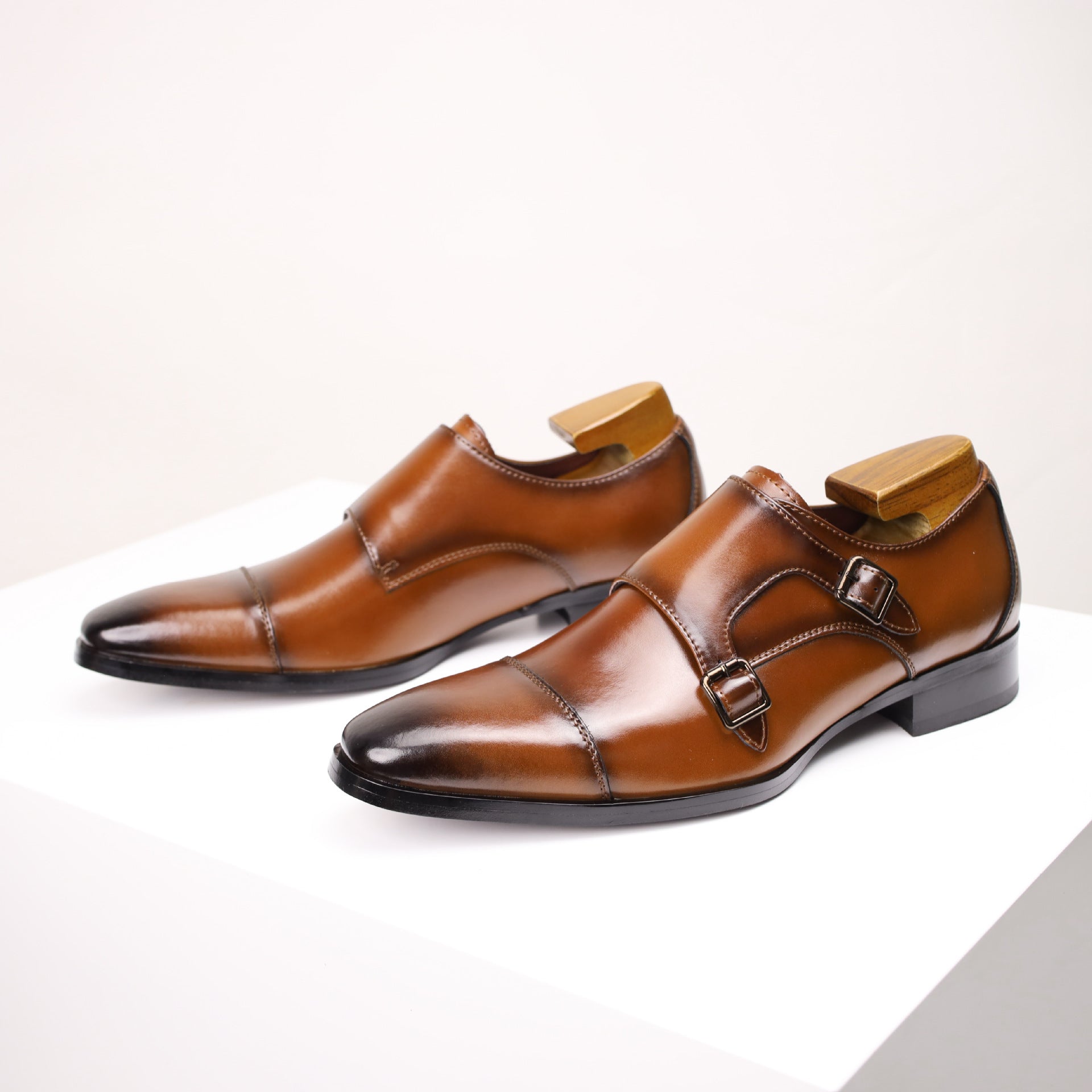 Men's Double Monk Strap Dress Shoes | Genuine Leather Business Oxfords with Height Boost | Square Toe Formal Footwear | HK5009-2