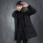 Aourun Men's Long Parka with Fox Fur Trim | 2025 Winter Hooded Jacket | Plush Mid-Length Faux Fur Lined Coat | 210