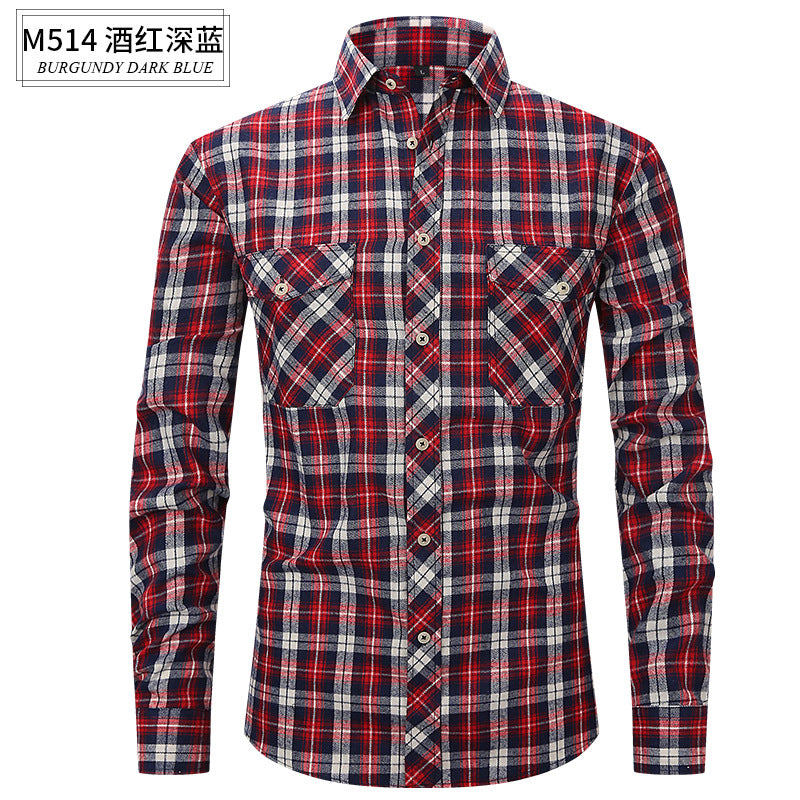 Men Slim Wear Plaid Premium Long Sleeve Double Pocket Flannel Foreign Trade Shirt | M501