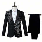 Herrenanzug, 2-teilig, formell, bestickt, elegant, mit blinkenden Pailletten, Kristallen, Blazer, Mantel, Abschlussball, Party, Smoking, Kostüm, Hochzeitsoutfit 