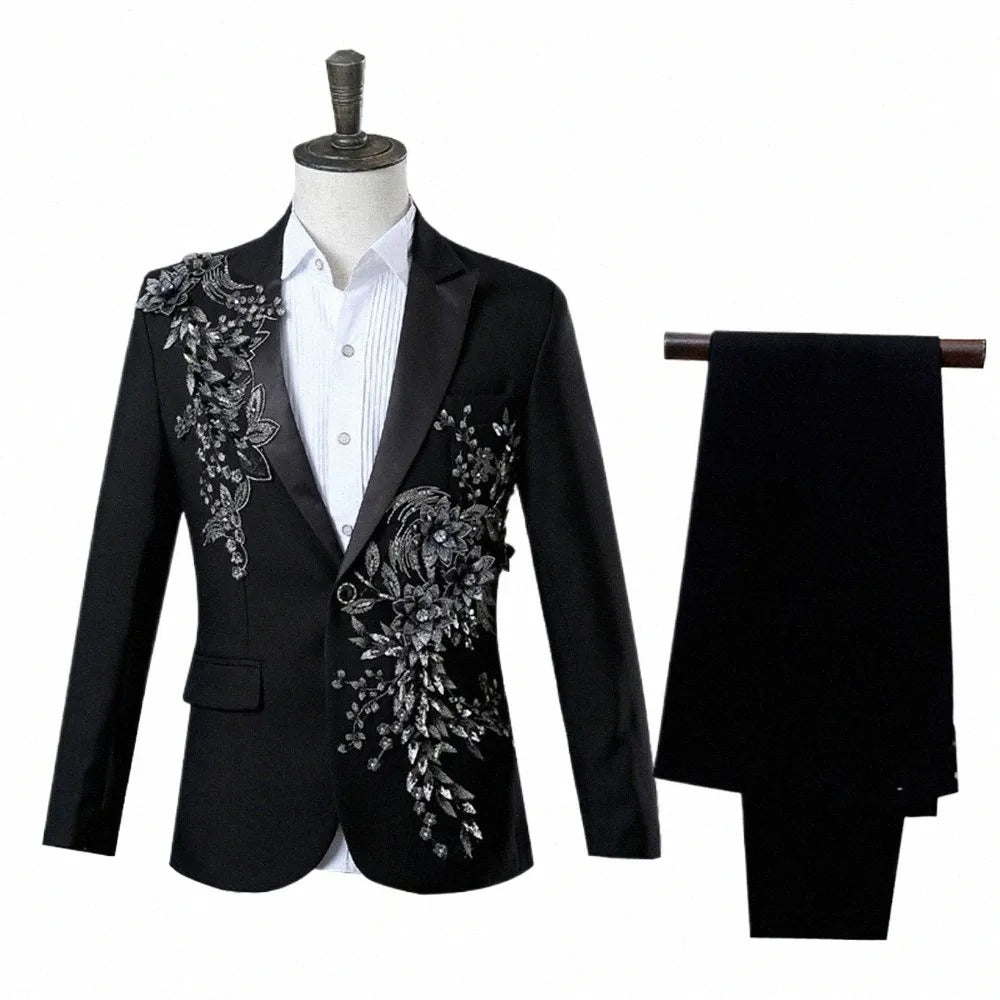 Completo da uomo elegante da 2 pezzi, con paillettes lampeggianti, ricamato, blazer di cristallo, cappotto, smoking da ballo, costume da sposa 