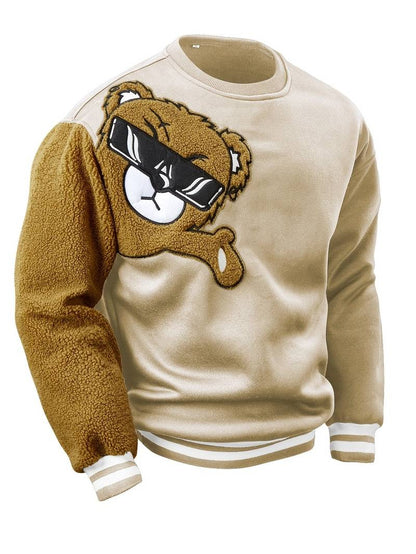 Men's Cartoon Bear Embroidered Crew Neck Plus Size Sweatshirt Polyester Fabric Vibrant Animal Pattern Top Casual Wear Knit Fabric Shirt