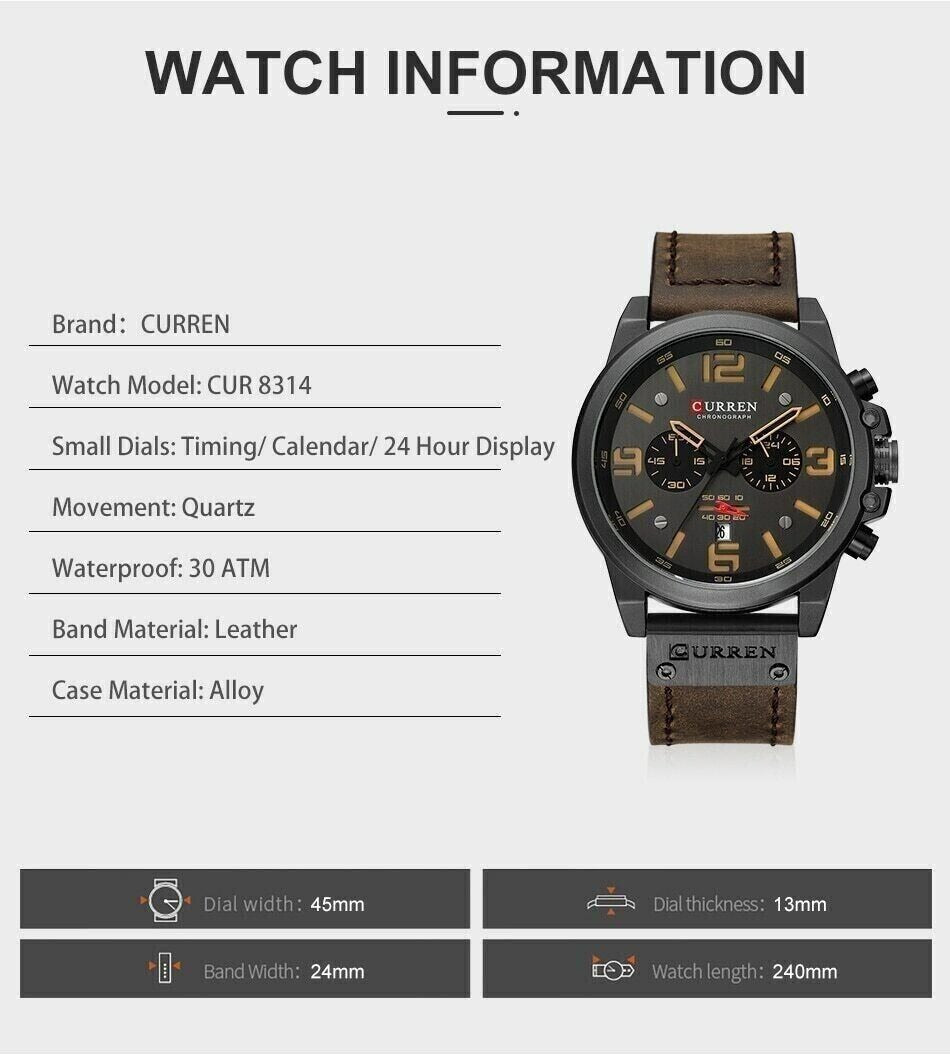 Herren Lederuhr Chronograph Armbanduhr Business Quarz Kalender Militäruhr | 8314 