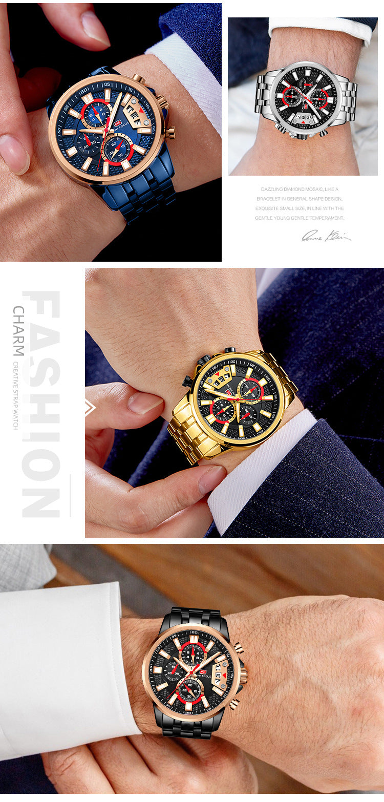 Herren Edelstahl Uhren Chronograph Uhr Luxus Leuchtende Quarz Armbanduhr | MF0352G 
