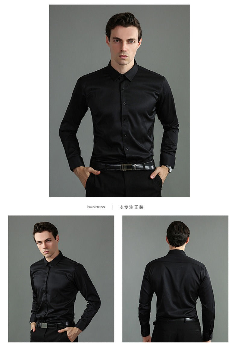 Camicia da uomo elasticizzata casual da lavoro a maniche lunghe, tinta unita, slim, non stirabile, elasticizzata 