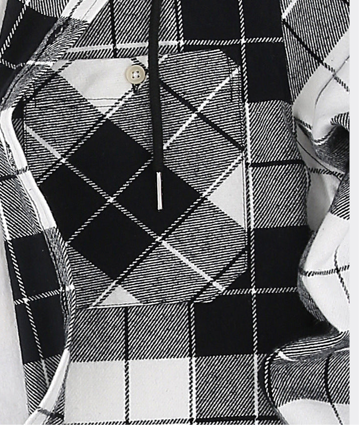 Schicke Herren-Hemdjacke mit Farbblock-Karomuster und Kapuze, langärmliges Hemd mit Kordelzug und Tasche, Frühling/Herbst 