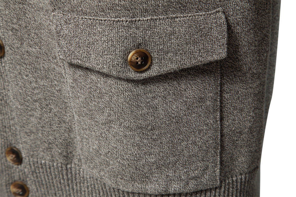 Herren-Strickjacke aus Baumwolle mit Zopfmuster, Taschen, Stehkragen, Button-Down-Pullover | CW61 