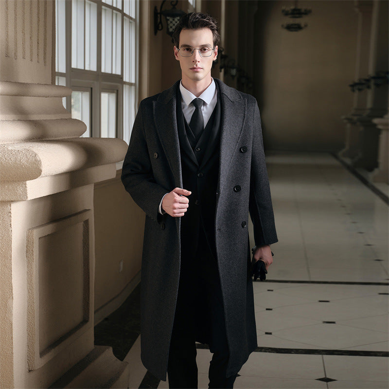 Gents Trench coat Premium Wool-Cotton Blend Peacoat Double-Breasted Mid-Length Overcoat Casual Oversized Lapel Coat